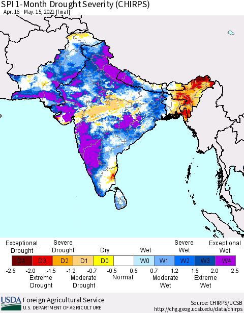 Southern Asia SPI 1-Month Drought Severity (CHIRPS) Thematic Map For 4/16/2021 - 5/15/2021