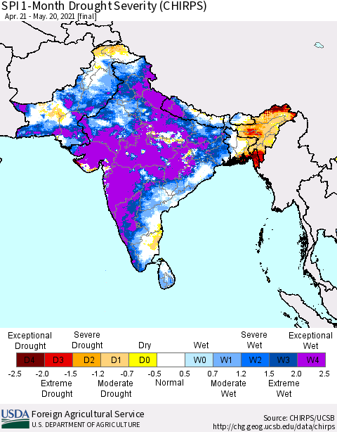 Southern Asia SPI 1-Month Drought Severity (CHIRPS) Thematic Map For 4/21/2021 - 5/20/2021