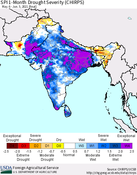 Southern Asia SPI 1-Month Drought Severity (CHIRPS) Thematic Map For 5/6/2021 - 6/5/2021