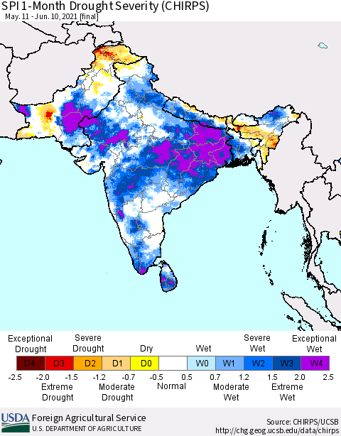 Southern Asia SPI 1-Month Drought Severity (CHIRPS) Thematic Map For 5/11/2021 - 6/10/2021