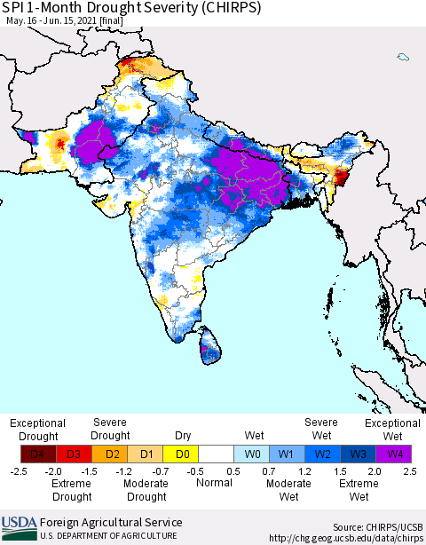 Southern Asia SPI 1-Month Drought Severity (CHIRPS) Thematic Map For 5/16/2021 - 6/15/2021