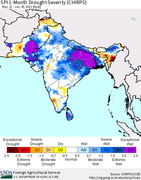 Southern Asia SPI 1-Month Drought Severity (CHIRPS) Thematic Map For 5/21/2021 - 6/20/2021