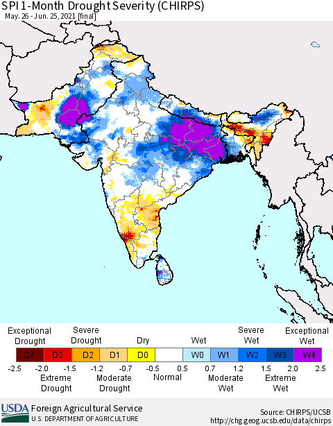 Southern Asia SPI 1-Month Drought Severity (CHIRPS) Thematic Map For 5/26/2021 - 6/25/2021