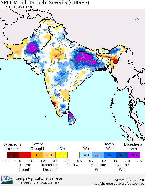 Southern Asia SPI 1-Month Drought Severity (CHIRPS) Thematic Map For 6/1/2021 - 6/30/2021
