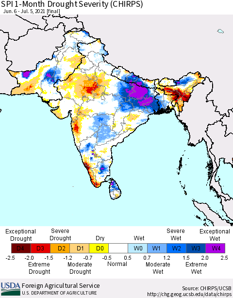 Southern Asia SPI 1-Month Drought Severity (CHIRPS) Thematic Map For 6/6/2021 - 7/5/2021