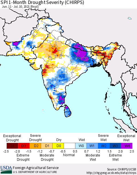 Southern Asia SPI 1-Month Drought Severity (CHIRPS) Thematic Map For 6/11/2021 - 7/10/2021
