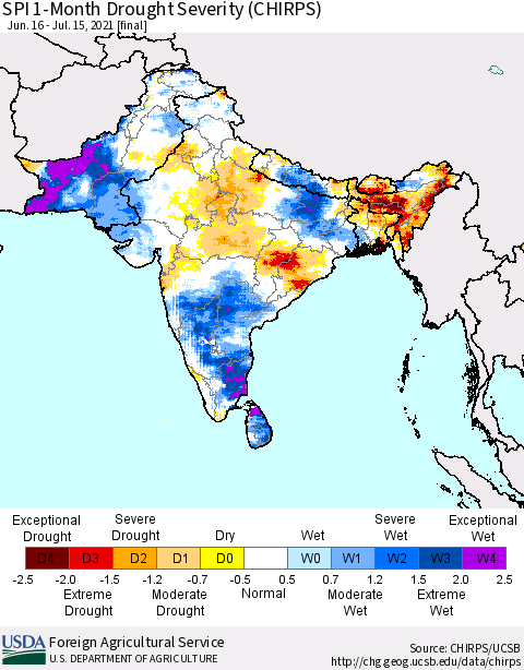 Southern Asia SPI 1-Month Drought Severity (CHIRPS) Thematic Map For 6/16/2021 - 7/15/2021