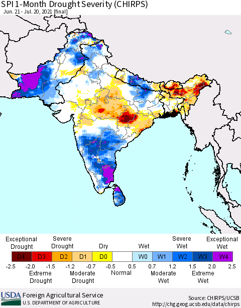Southern Asia SPI 1-Month Drought Severity (CHIRPS) Thematic Map For 6/21/2021 - 7/20/2021
