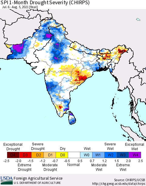 Southern Asia SPI 1-Month Drought Severity (CHIRPS) Thematic Map For 7/6/2021 - 8/5/2021
