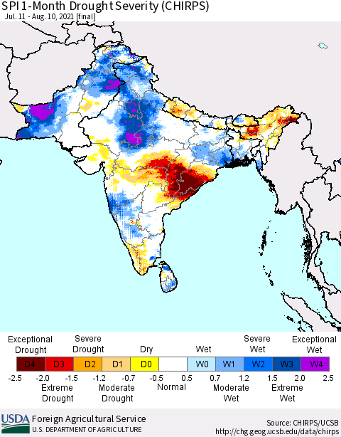 Southern Asia SPI 1-Month Drought Severity (CHIRPS) Thematic Map For 7/11/2021 - 8/10/2021