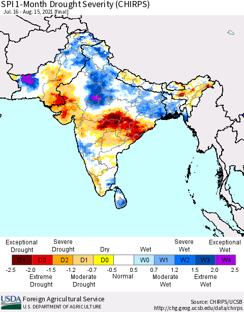 Southern Asia SPI 1-Month Drought Severity (CHIRPS) Thematic Map For 7/16/2021 - 8/15/2021
