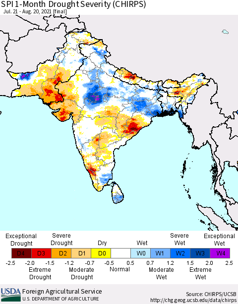 Southern Asia SPI 1-Month Drought Severity (CHIRPS) Thematic Map For 7/21/2021 - 8/20/2021