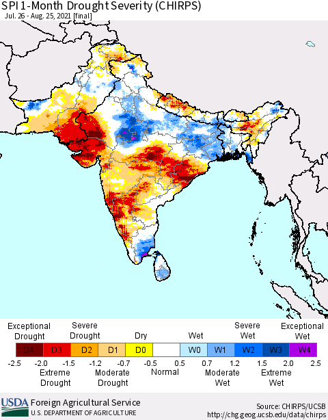 Southern Asia SPI 1-Month Drought Severity (CHIRPS) Thematic Map For 7/26/2021 - 8/25/2021