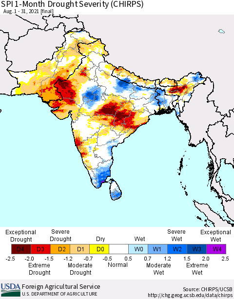 Southern Asia SPI 1-Month Drought Severity (CHIRPS) Thematic Map For 8/1/2021 - 8/31/2021