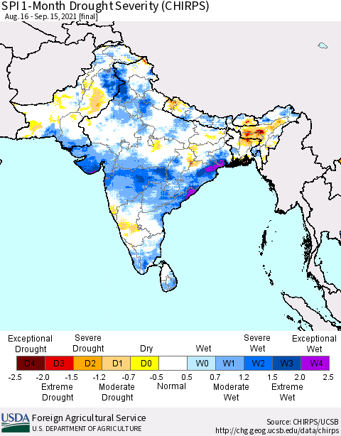 Southern Asia SPI 1-Month Drought Severity (CHIRPS) Thematic Map For 8/16/2021 - 9/15/2021