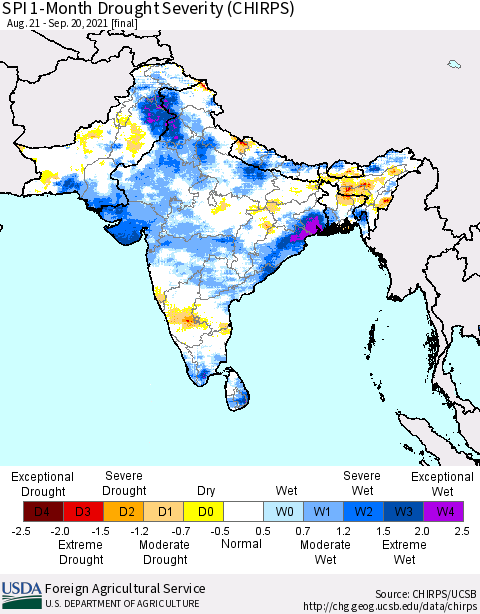 Southern Asia SPI 1-Month Drought Severity (CHIRPS) Thematic Map For 8/21/2021 - 9/20/2021