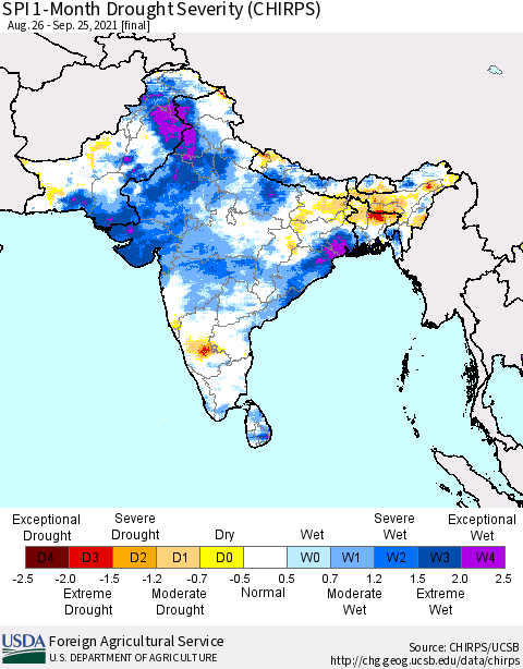 Southern Asia SPI 1-Month Drought Severity (CHIRPS) Thematic Map For 8/26/2021 - 9/25/2021