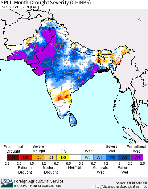 Southern Asia SPI 1-Month Drought Severity (CHIRPS) Thematic Map For 9/6/2021 - 10/5/2021