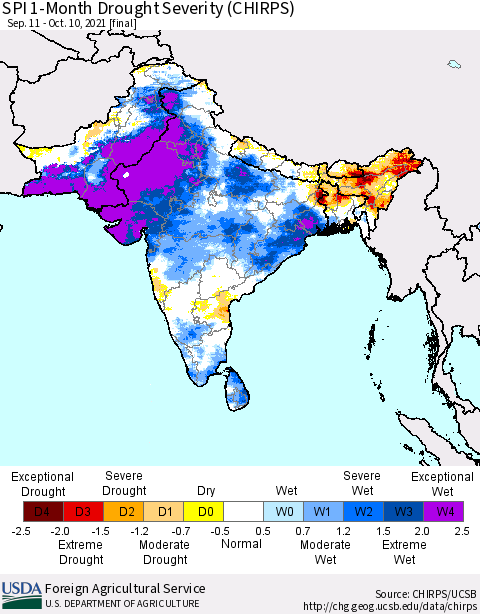 Southern Asia SPI 1-Month Drought Severity (CHIRPS) Thematic Map For 9/11/2021 - 10/10/2021