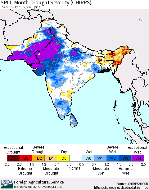 Southern Asia SPI 1-Month Drought Severity (CHIRPS) Thematic Map For 9/16/2021 - 10/15/2021