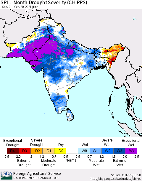 Southern Asia SPI 1-Month Drought Severity (CHIRPS) Thematic Map For 9/21/2021 - 10/20/2021
