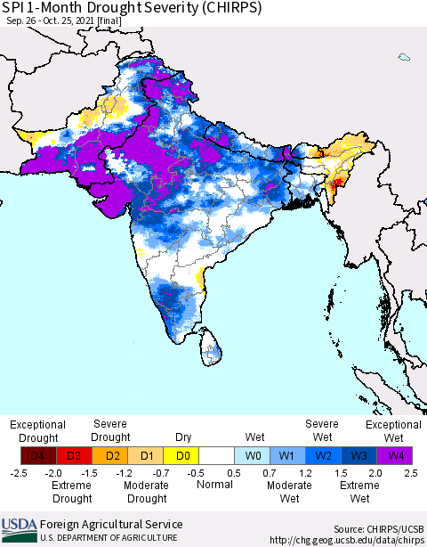Southern Asia SPI 1-Month Drought Severity (CHIRPS) Thematic Map For 9/26/2021 - 10/25/2021