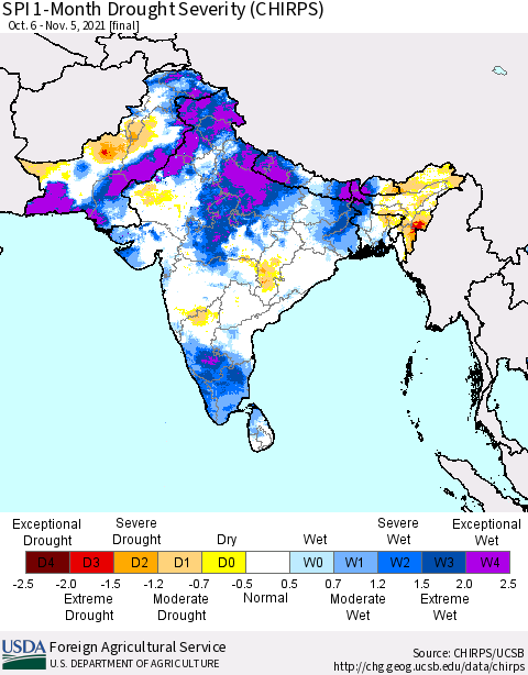 Southern Asia SPI 1-Month Drought Severity (CHIRPS) Thematic Map For 10/6/2021 - 11/5/2021