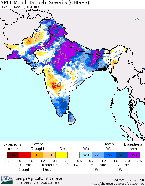 Southern Asia SPI 1-Month Drought Severity (CHIRPS) Thematic Map For 10/11/2021 - 11/10/2021