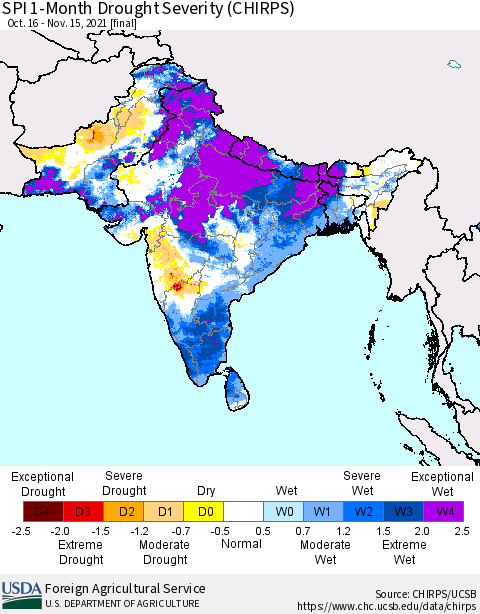 Southern Asia SPI 1-Month Drought Severity (CHIRPS) Thematic Map For 10/16/2021 - 11/15/2021