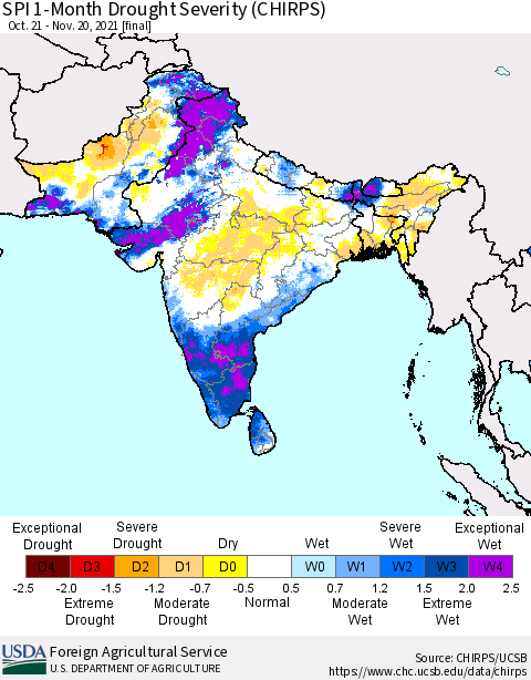 Southern Asia SPI 1-Month Drought Severity (CHIRPS) Thematic Map For 10/21/2021 - 11/20/2021
