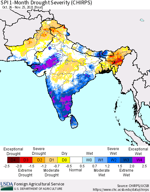 Southern Asia SPI 1-Month Drought Severity (CHIRPS) Thematic Map For 10/26/2021 - 11/25/2021