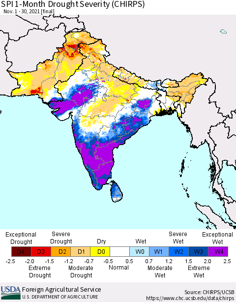Southern Asia SPI 1-Month Drought Severity (CHIRPS) Thematic Map For 11/1/2021 - 11/30/2021