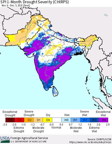 Southern Asia SPI 1-Month Drought Severity (CHIRPS) Thematic Map For 11/6/2021 - 12/5/2021