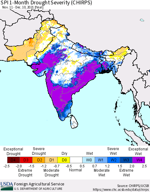 Southern Asia SPI 1-Month Drought Severity (CHIRPS) Thematic Map For 11/11/2021 - 12/10/2021