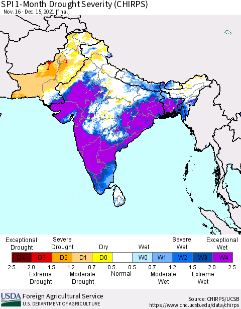 Southern Asia SPI 1-Month Drought Severity (CHIRPS) Thematic Map For 11/16/2021 - 12/15/2021