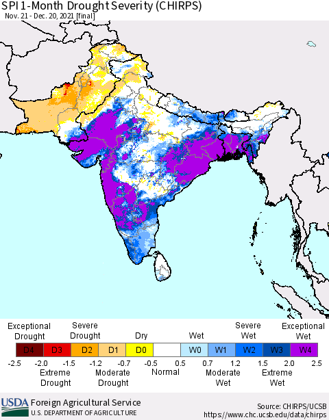 Southern Asia SPI 1-Month Drought Severity (CHIRPS) Thematic Map For 11/21/2021 - 12/20/2021