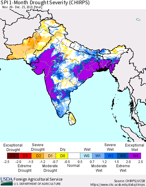 Southern Asia SPI 1-Month Drought Severity (CHIRPS) Thematic Map For 11/26/2021 - 12/25/2021