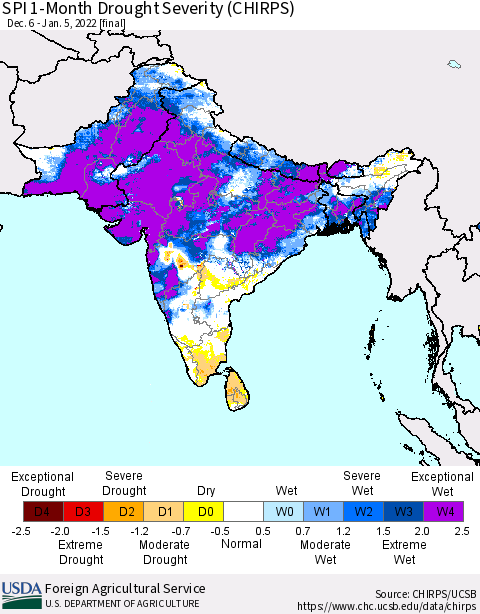 Southern Asia SPI 1-Month Drought Severity (CHIRPS) Thematic Map For 12/6/2021 - 1/5/2022