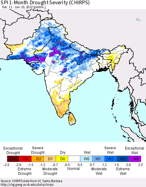 Southern Asia SPI 1-Month Drought Severity (CHIRPS) Thematic Map For 12/11/2021 - 1/10/2022