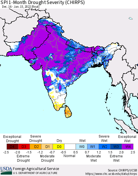 Southern Asia SPI 1-Month Drought Severity (CHIRPS) Thematic Map For 12/16/2021 - 1/15/2022