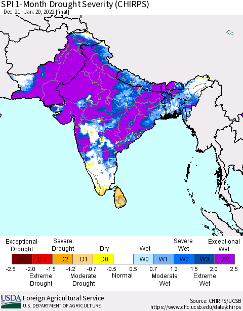 Southern Asia SPI 1-Month Drought Severity (CHIRPS) Thematic Map For 12/21/2021 - 1/20/2022