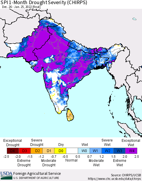 Southern Asia SPI 1-Month Drought Severity (CHIRPS) Thematic Map For 12/26/2021 - 1/25/2022