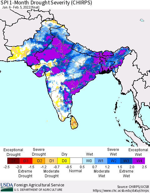 Southern Asia SPI 1-Month Drought Severity (CHIRPS) Thematic Map For 1/6/2022 - 2/5/2022