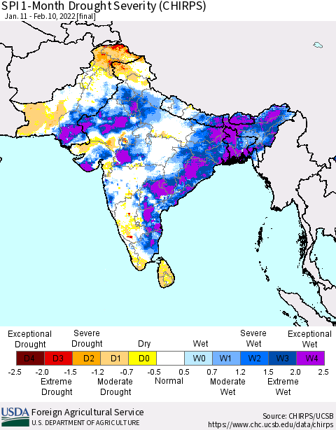 Southern Asia SPI 1-Month Drought Severity (CHIRPS) Thematic Map For 1/11/2022 - 2/10/2022