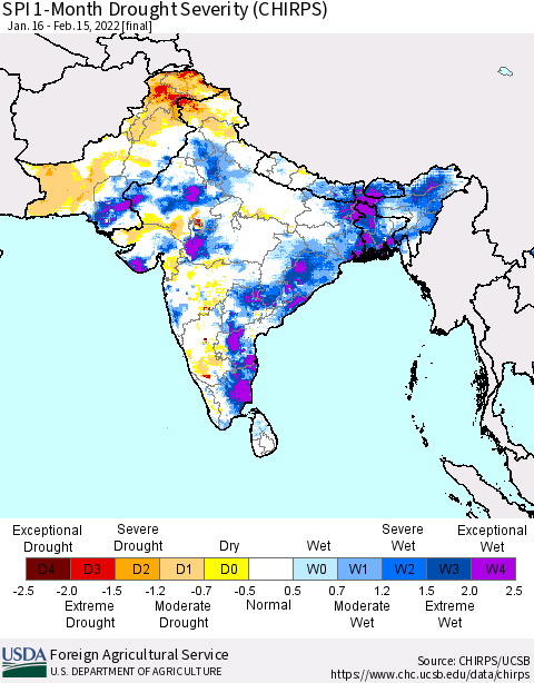 Southern Asia SPI 1-Month Drought Severity (CHIRPS) Thematic Map For 1/16/2022 - 2/15/2022