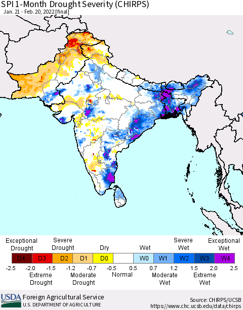 Southern Asia SPI 1-Month Drought Severity (CHIRPS) Thematic Map For 1/21/2022 - 2/20/2022