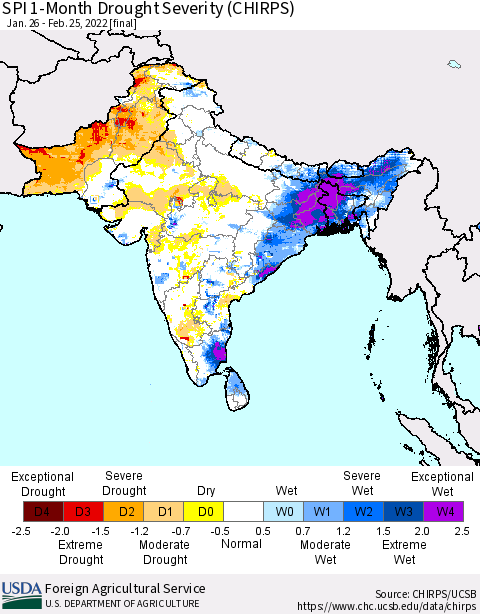 Southern Asia SPI 1-Month Drought Severity (CHIRPS) Thematic Map For 1/26/2022 - 2/25/2022