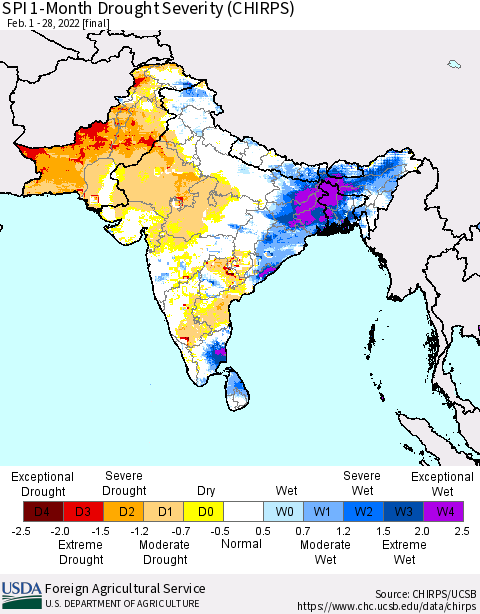 Southern Asia SPI 1-Month Drought Severity (CHIRPS) Thematic Map For 2/1/2022 - 2/28/2022