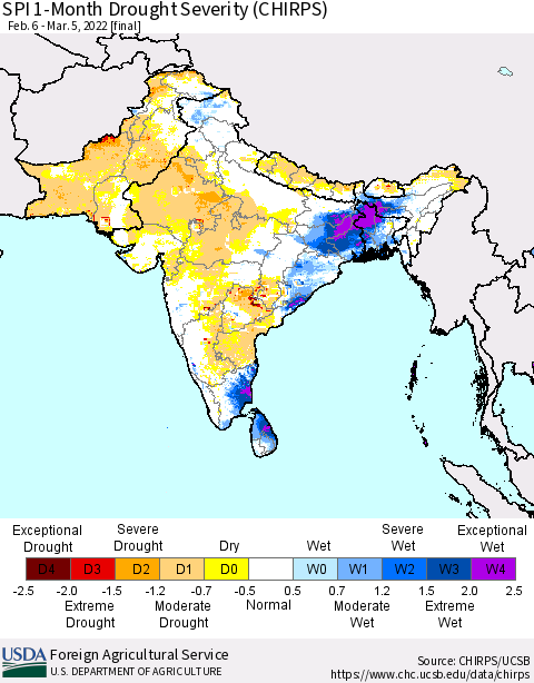 Southern Asia SPI 1-Month Drought Severity (CHIRPS) Thematic Map For 2/6/2022 - 3/5/2022