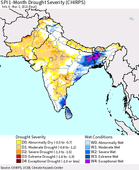 Southern Asia SPI 1-Month Drought Severity (CHIRPS) Thematic Map For 2/6/2022 - 3/5/2022